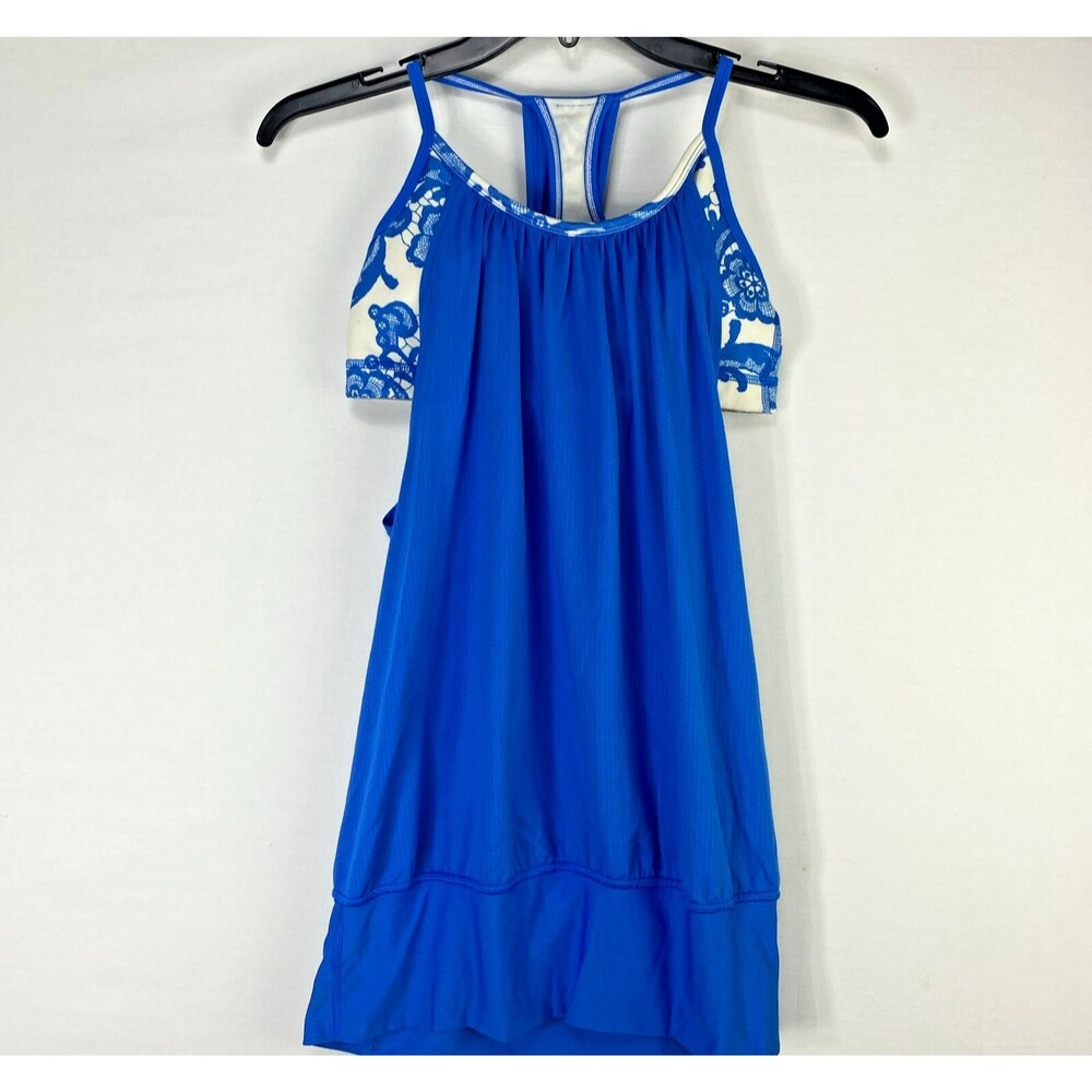 Lululemon No Limits Sports Bra Tank Top Womens Size 4 Blue White Floral Pullover